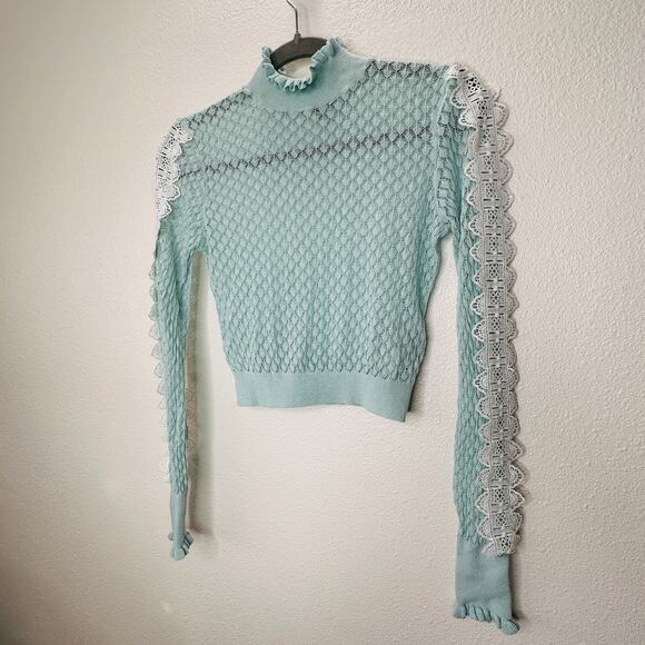 ZARA Aqua Crochet Knit White Lace Stripe Ruffle Neck Crop Sweater S - Picture 8 of 16